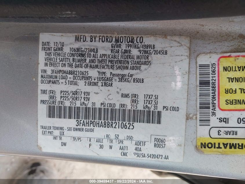 2011 Ford Fusion Se VIN: 3FAMP0HA8BR210625 Lot: 39459437