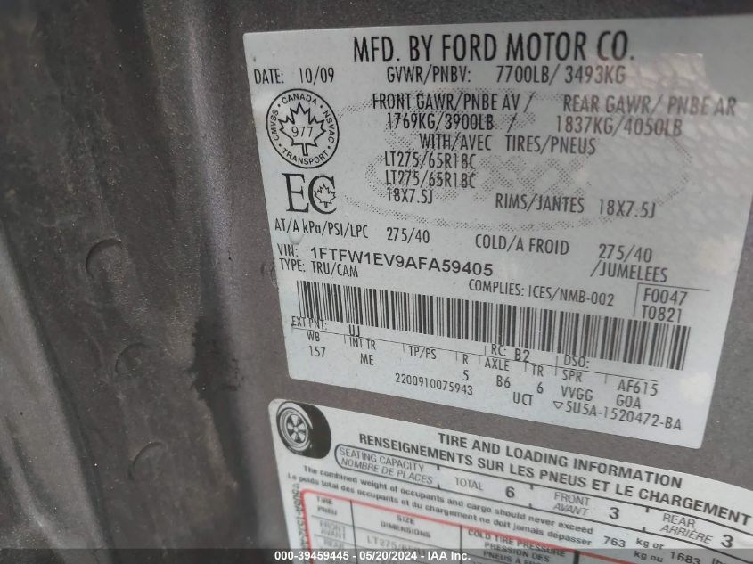 2010 Ford F-150 Fx4/Harley-Davidson/King Ranch/Lariat/Platinum/Xl/Xlt VIN: 1FTFW1EV9AFA59405 Lot: 39459445