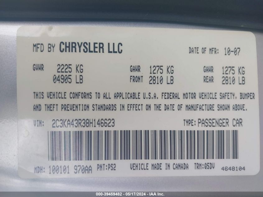 2008 Chrysler 300 Lx VIN: 2C3KA43R38H146623 Lot: 39459482