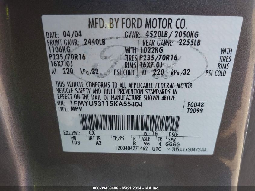 2005 Ford Escape Xlt VIN: 1FMYU93115KA55404 Lot: 39459486