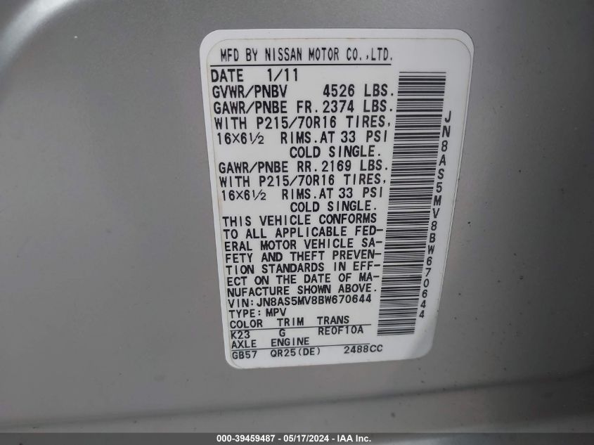 2011 Nissan Rogue S VIN: JN8AS5MV8BW670644 Lot: 39459487