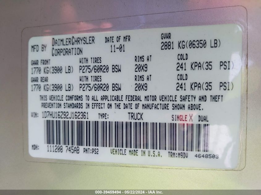 2002 Dodge Ram 1500 St VIN: 1D7HU16Z92J162361 Lot: 39459494