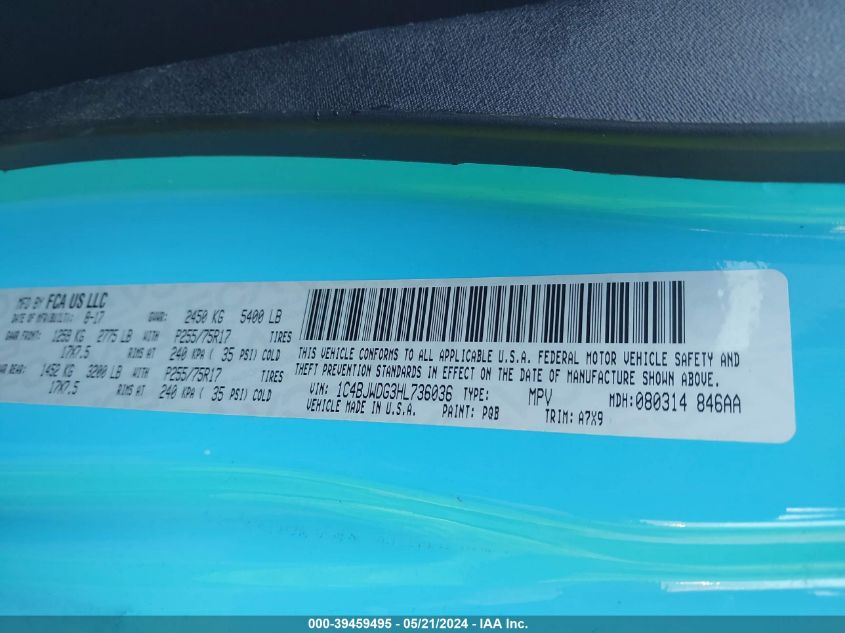 2017 Jeep Wrangler Unlimited Sport 4X4 VIN: 1C4BJWDG3HL736036 Lot: 39459495