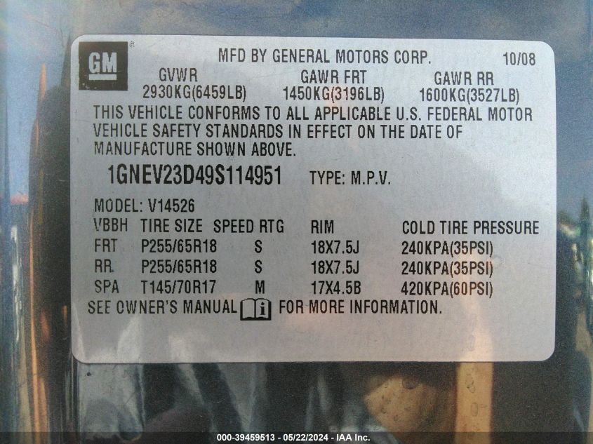 2009 Chevrolet Traverse Lt VIN: 1GNEV23D49S114951 Lot: 39459513