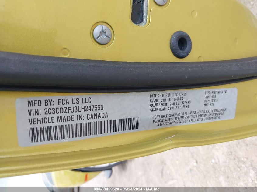 2020 Dodge Challenger R/T Scat Pack VIN: 2C3CDZFJ3LH247555 Lot: 39459520