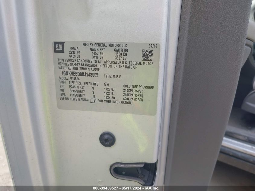 2011 Chevrolet Traverse Ls VIN: 1GNKVEED0BJ143005 Lot: 39459527