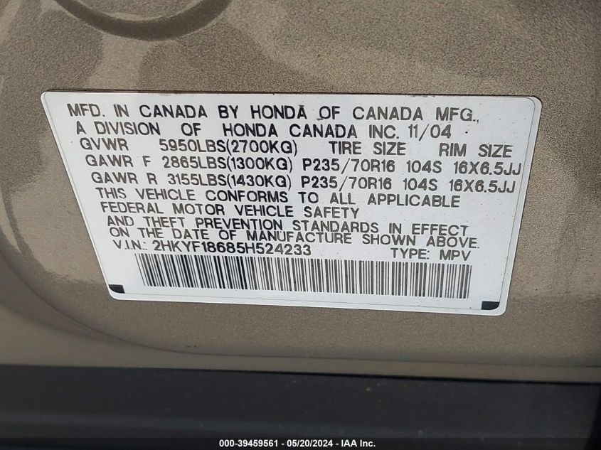 2005 Honda Pilot Ex-L VIN: 2HKYF18685H524233 Lot: 39459561