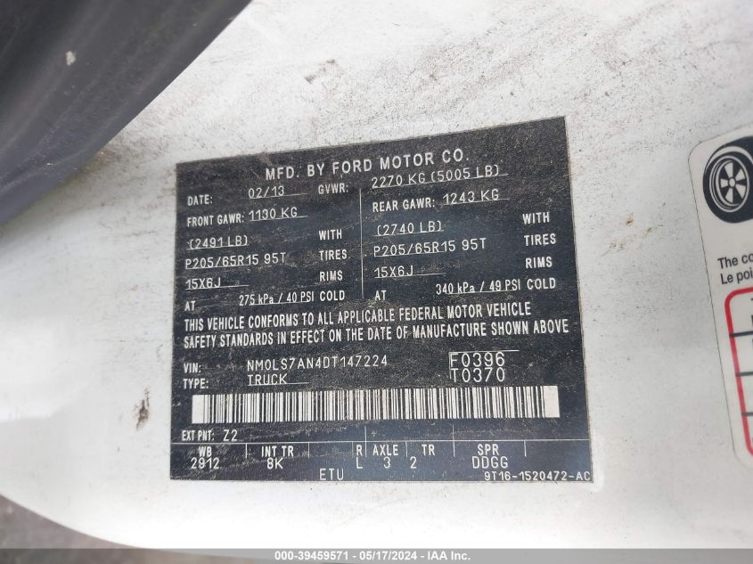 2013 Ford Transit Connect Xl VIN: NM0LS7AN4DT147224 Lot: 39459571