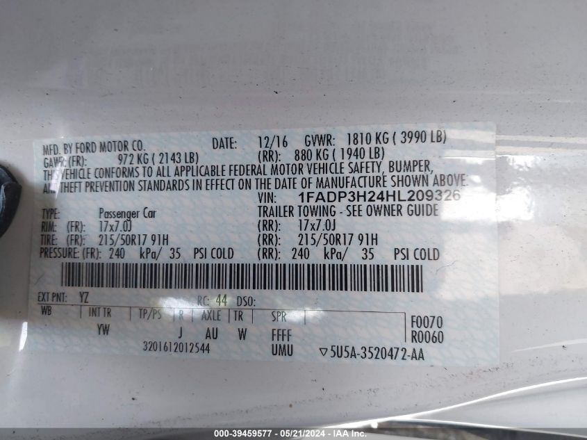 2017 Ford Focus Sel VIN: 1FADP3H24HL209326 Lot: 39459577