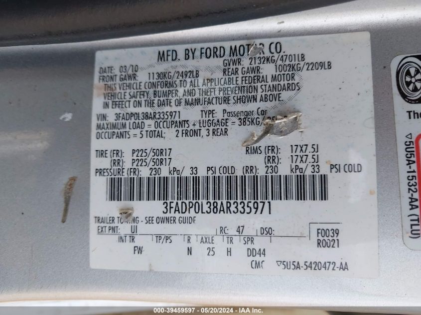 2010 Ford Fusion Hybrid VIN: 3FADP0L38AR335971 Lot: 39459597