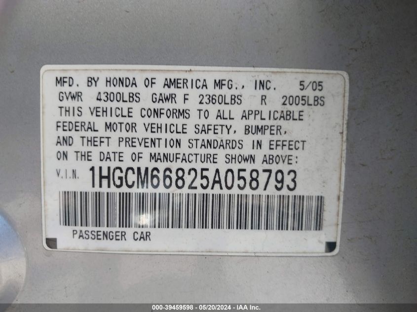 2005 Honda Accord 3.0 Ex VIN: 1HGCM66825A058793 Lot: 39459598
