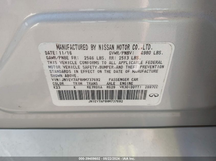 2017 Infiniti Q50 3.0T Premium VIN: JN1EV7AP8HM737692 Lot: 39459602