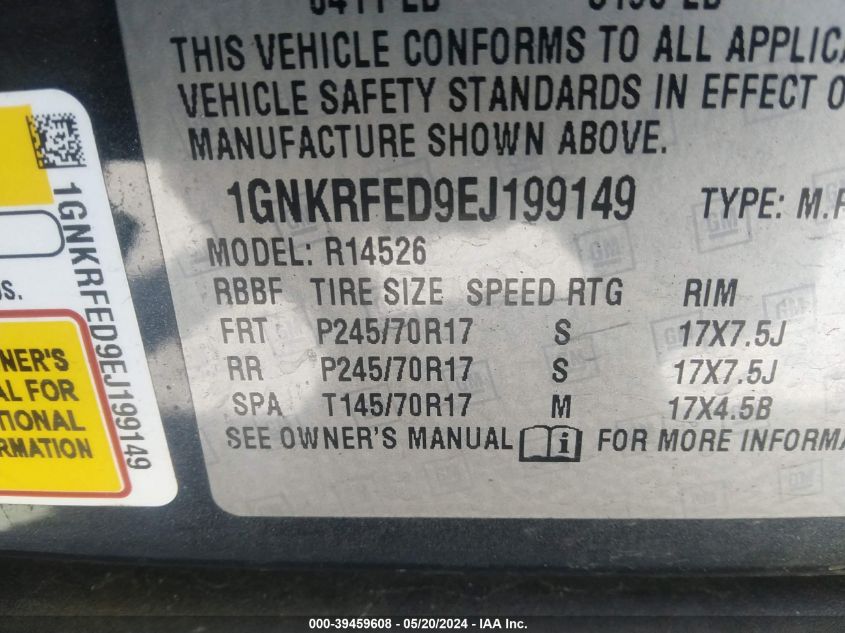 2014 Chevrolet Traverse Ls VIN: 1GNKRFED9EJ199149 Lot: 39459608