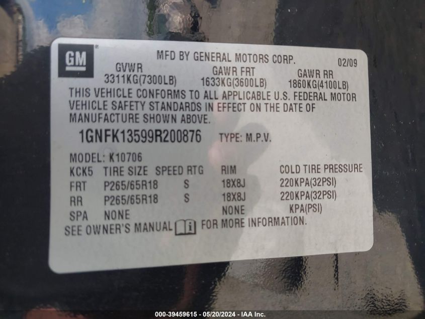 2009 Chevrolet Tahoe Hybrid VIN: 1GNFK13599R200876 Lot: 39459615