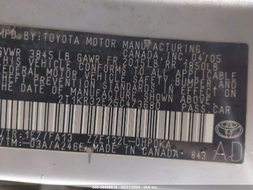 2005 Toyota Matrix VIN: 2T1KR32E25C473680 Lot: 39459618