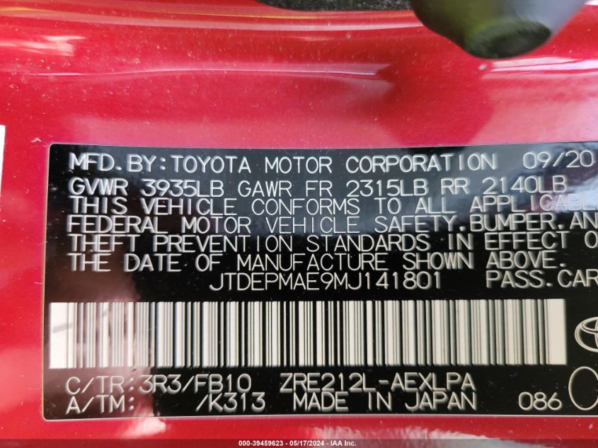 2021 Toyota Corolla VIN: JTDEPMAE9MJ141801 Lot: 39459623