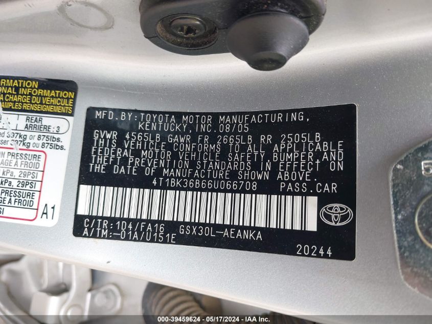 2006 Toyota Avalon Xl VIN: 4T1BK36B66U066708 Lot: 39459624