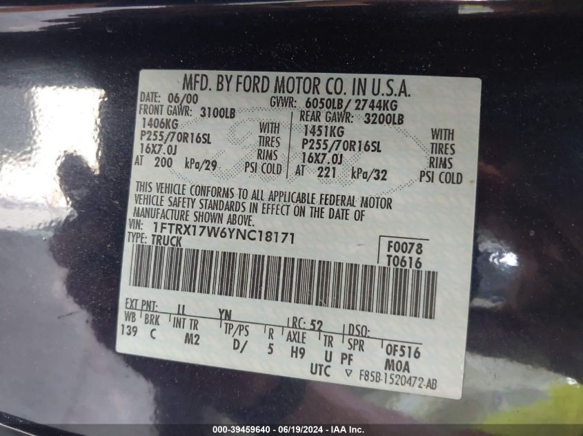 2000 Ford F-150 Lariat/Work Series/Xl/Xlt VIN: 1FTRX17W6YNC18171 Lot: 39459640