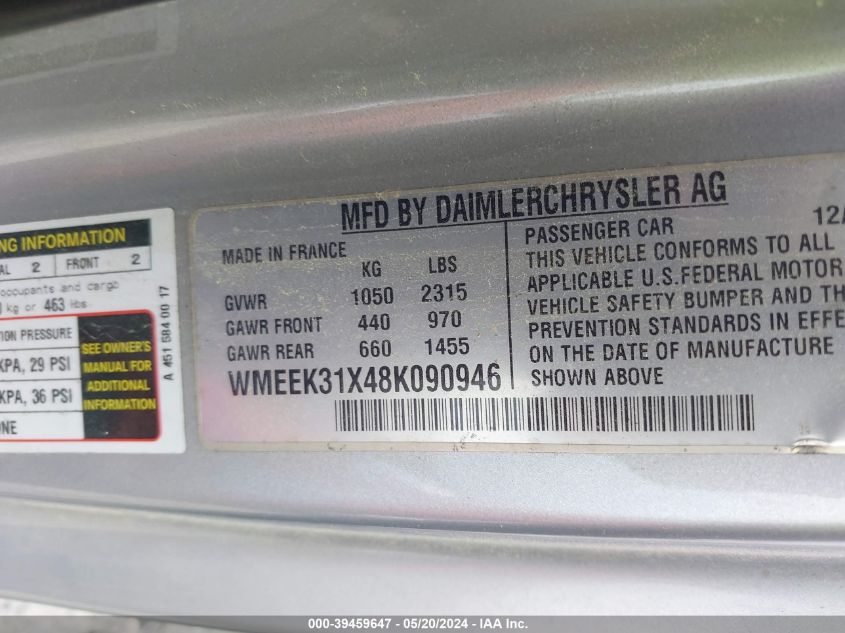 WMEEK31X48K090946 | 2008 SMART FORTWO