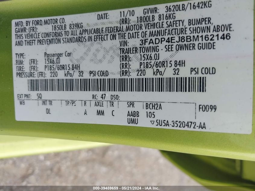 2011 Ford Fiesta Se VIN: 3FADP4EJ8BM162146 Lot: 39459659