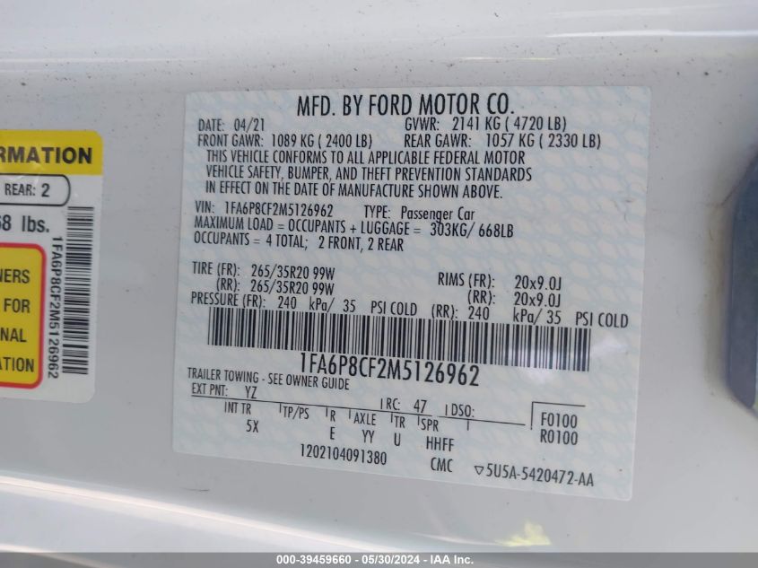 2021 Ford Mustang Gt Premium Fastback VIN: 1FA6P8CF2M5126962 Lot: 39459660