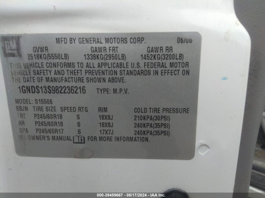 2008 Chevrolet Trailblazer Lt VIN: 1GNDS13S982236216 Lot: 39459667