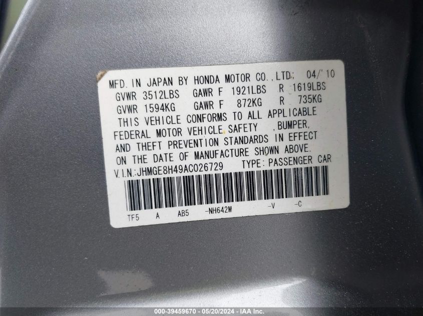 2010 Honda Fit Sport VIN: JHMGE8H49AC026729 Lot: 39459670