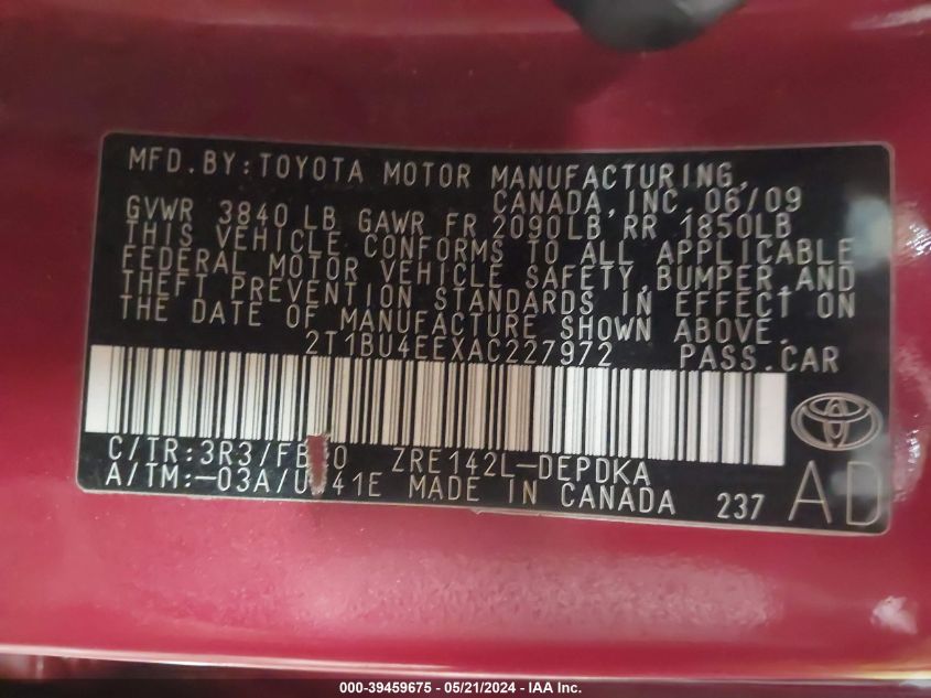 2010 Toyota Corolla VIN: 2T1BU4EEXAC227972 Lot: 39459675