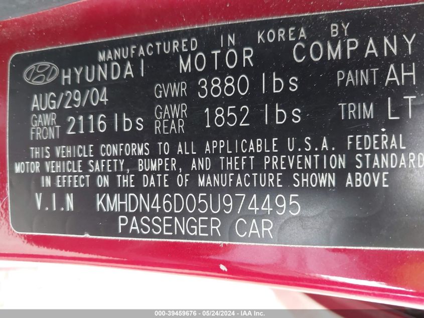 2005 Hyundai Elantra Gls/Gt VIN: KMHDN46D05U974495 Lot: 39459676