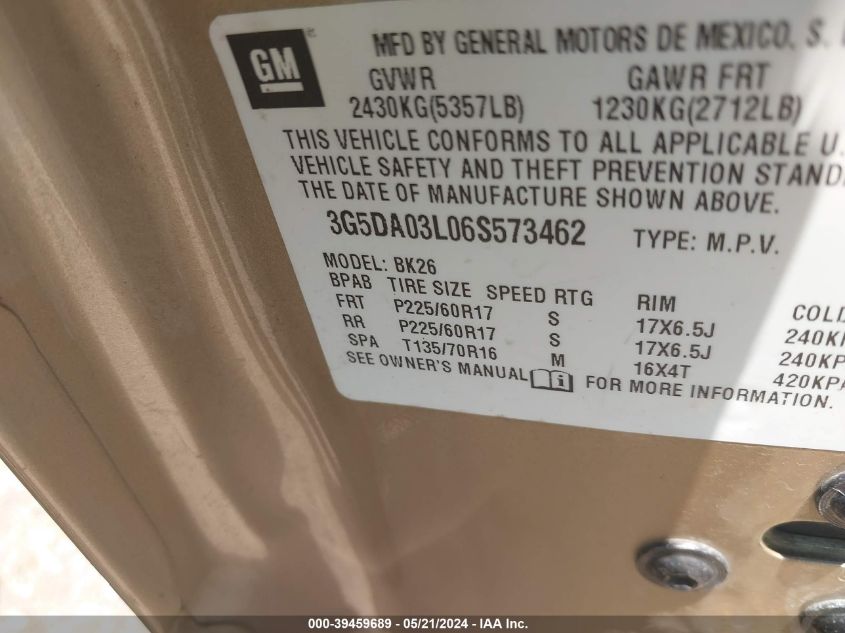 2006 Buick Rendezvous Cx VIN: 3G5DA03L06S573462 Lot: 39459689