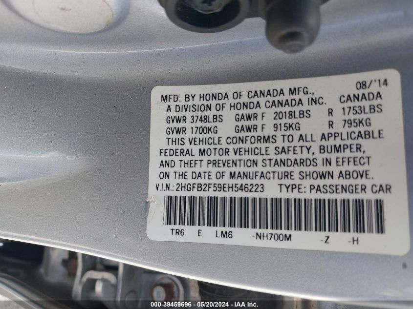 2014 Honda Civic Lx VIN: 2HGFB2F59EH546223 Lot: 39459696