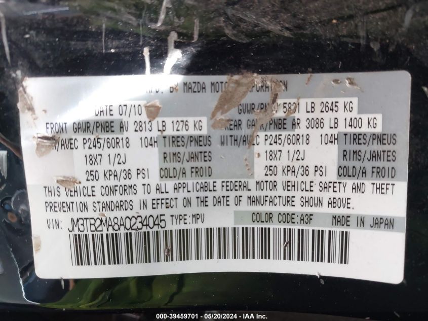 2010 Mazda Cx-9 Touring VIN: JM3TB2MA8A0234045 Lot: 39459701