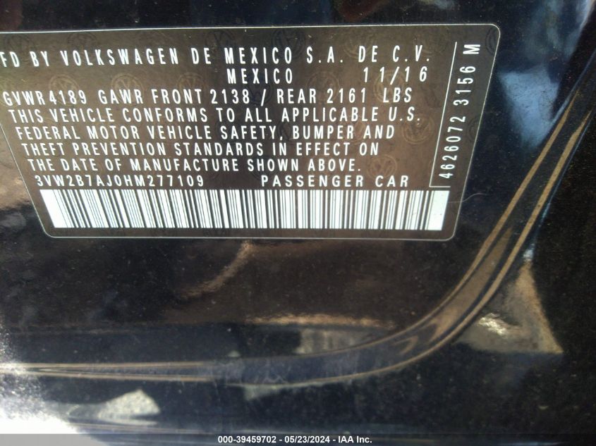 2017 Volkswagen Jetta 1.4T S VIN: 3VW2B7AJ0HM277109 Lot: 39459702