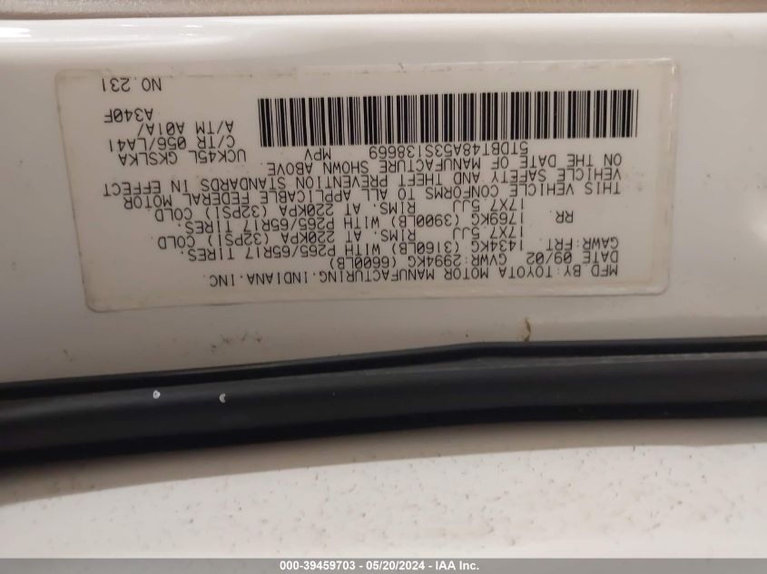 2003 Toyota Sequoia Limited V8 VIN: 5TDBT48A53S138669 Lot: 39459703