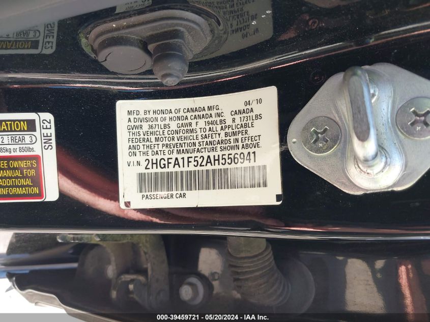 2010 Honda Civic Lx VIN: 2HGFA1F52AH556941 Lot: 39459721