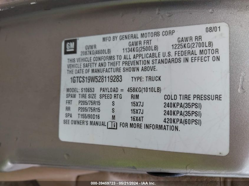 2002 GMC Sonoma Sls VIN: 1GTCS19W528119283 Lot: 39459723