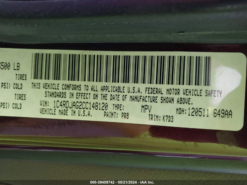 2012 Dodge Durango Sxt VIN: 1C4RDJAG2CC148120 Lot: 39459742