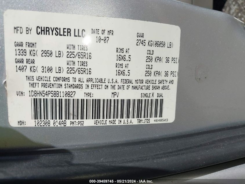 2008 Dodge Grand Caravan Sxt VIN: 1D8HN54P58B110827 Lot: 39459745