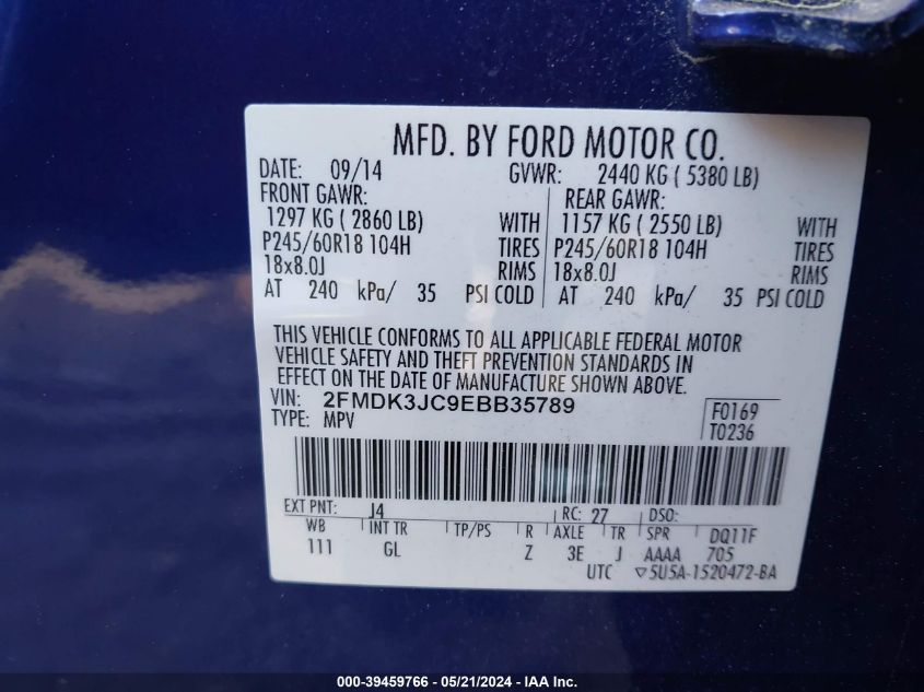 2014 Ford Edge Sel VIN: 2FMDK3JC9EBB35789 Lot: 39459766