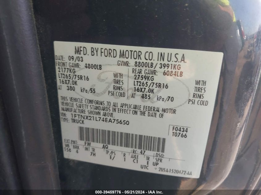 2004 Ford F250 Super Duty VIN: 1FTNX21L74EA75650 Lot: 39459776