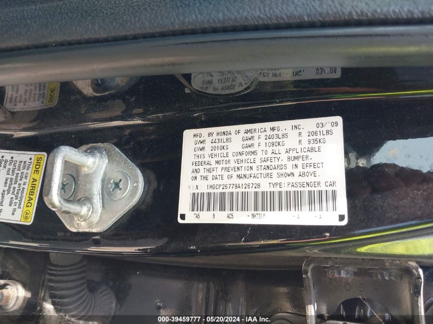 2009 Honda Accord 2.4 Ex VIN: 1HGCP26779A126728 Lot: 39459777