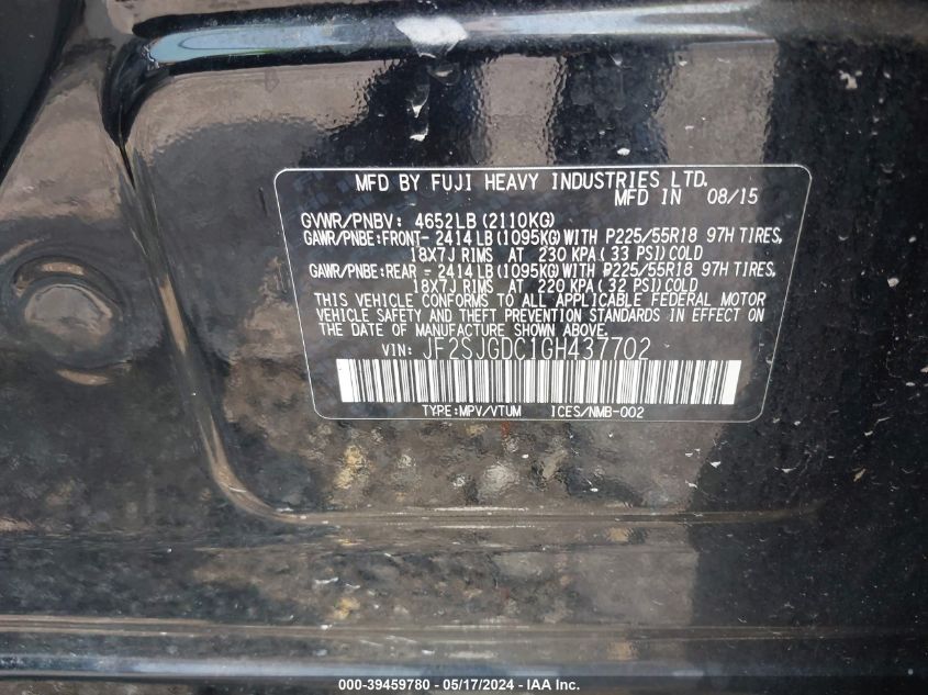 2016 Subaru Forester 2.0Xt Premium VIN: JF2SJGDC1GH437702 Lot: 39459780