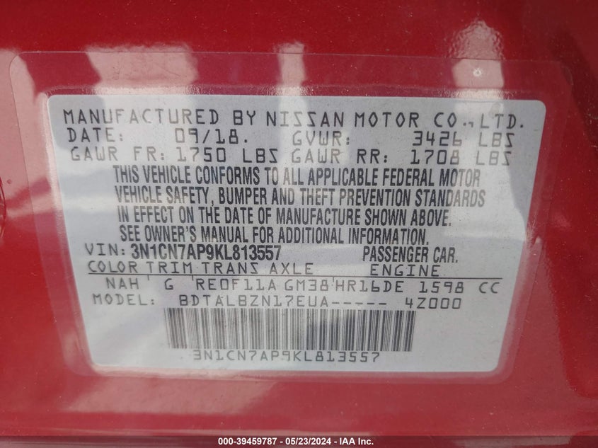 2019 Nissan Versa 1.6 Sv VIN: 3N1CN7AP9KL813557 Lot: 39459787