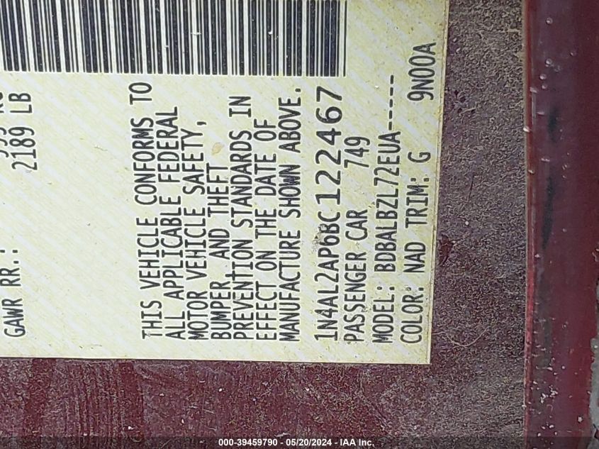 2011 Nissan Altima 2.5 S VIN: 1N4AL2AP6BC122467 Lot: 39459790