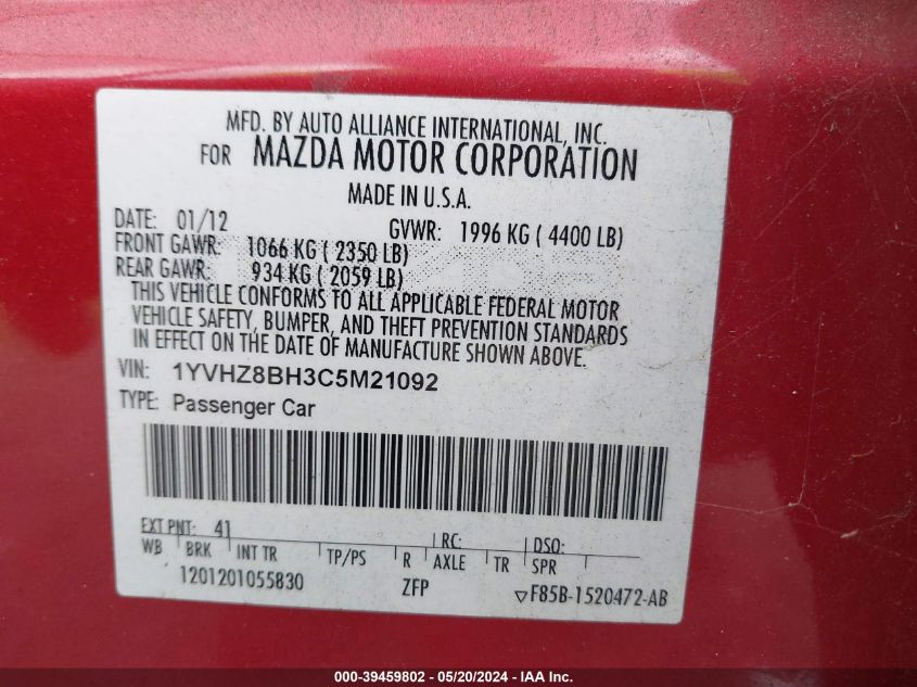 2012 Mazda Mazda6 I Sport VIN: 1YVHZ8BH3C5M21092 Lot: 39459802