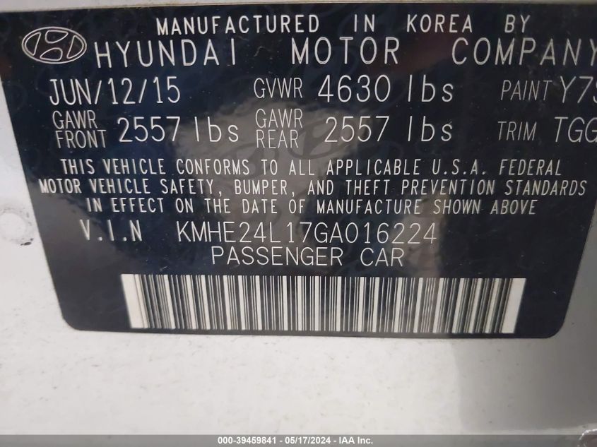 2016 Hyundai Sonata Hybrid Se VIN: KMHE24L17GA016224 Lot: 39459841