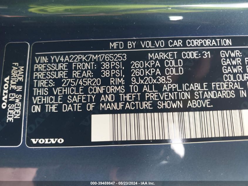 2021 Volvo Xc90 T6 Momentum 7 Passenger VIN: YV4A22PK7M1765253 Lot: 39459847