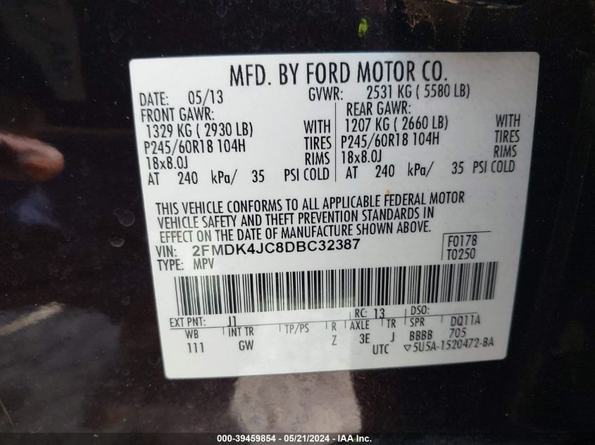 2013 Ford Edge Sel VIN: 2FMDK4JC8DBC32387 Lot: 39459854