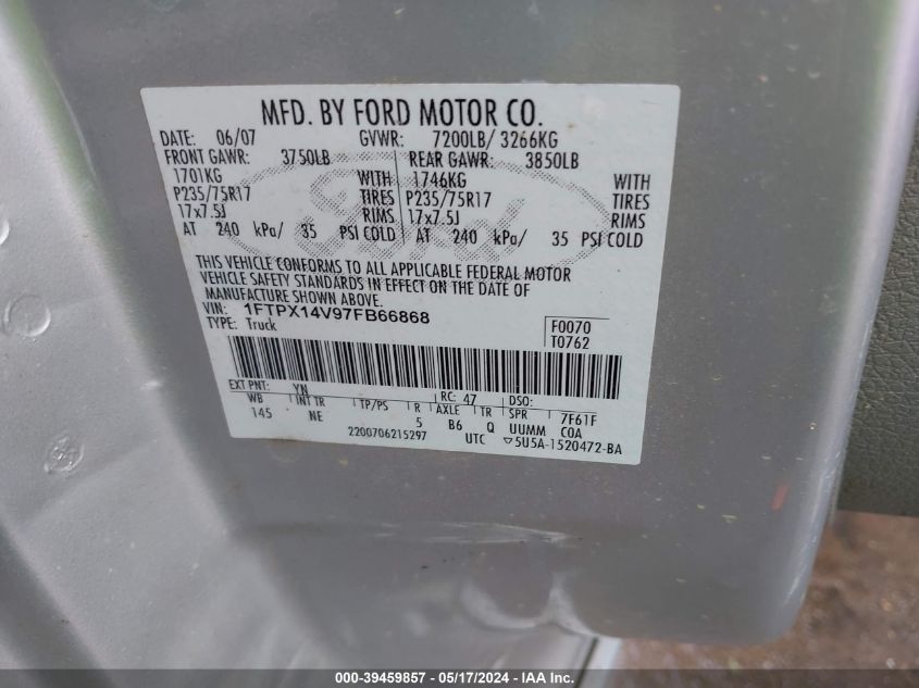 2007 Ford F-150 Fx4/Lariat/Xl/Xlt VIN: 1FTPX14V97FB66868 Lot: 39459857
