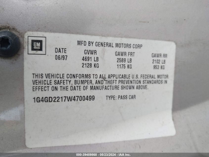 1998 Buick Riviera VIN: 1G4GD2217W4700499 Lot: 39459868